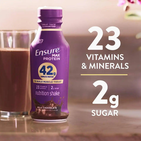 Ensure Max Protein Shake | 42g Complete Protein | Milk Chocolate | Ready to Drink | High Protein | 23 Vitamins & Minerals | 2g Sugar | 14 fl oz, 12 Pack