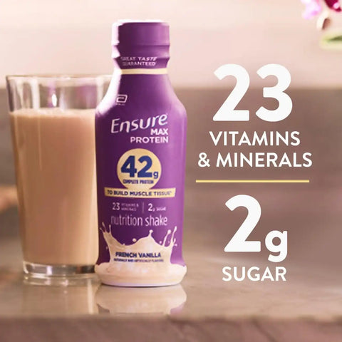 Ensure Max Protein Shake | 42g Complete Protein | French Vanilla | Ready to Drink | High Protein | 23 Vitamins & Minerals | 2g Sugar | 14 fl oz, 12 Pack