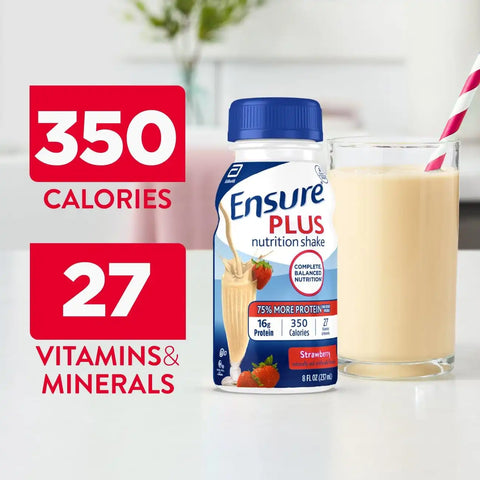 Ensure Plus Strawberry Nutrition Shake | Meal Replacement Shake | Ready To Drink | 16g Protein and 27 Vitamins and Minerals | 8 fl oz - 6 Pack