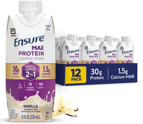 Ensure Max Protein Shake | 2-in-1 Muscle Support | 30g High Protein | HMB | 26 Vitamins & Minerals | Ready to Drink | Vanilla | 11 fl oz, 12 pack