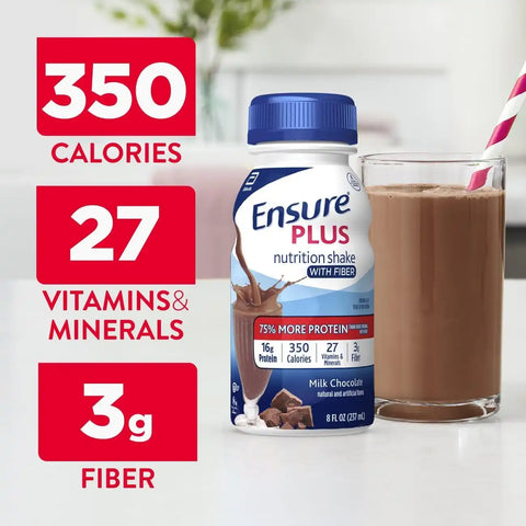 Ensure Plus Milk Chocolate Nutrition Shake with Fiber | Meal Replacement Shake | Ready to Drink | 16g Protein and 27 Vitamins and Minerals | 8 fl oz - 24 Pack